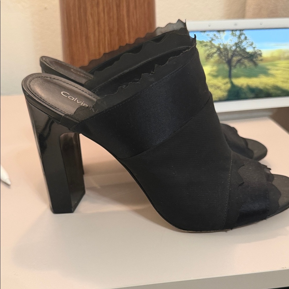 Calvin Klein Black Satin Scalloped Open-Toe Mules